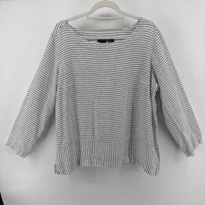 Tahari Womens XL 100% Linen Striped Boat Neck 3/4 Sleeve Top White Navy Blue